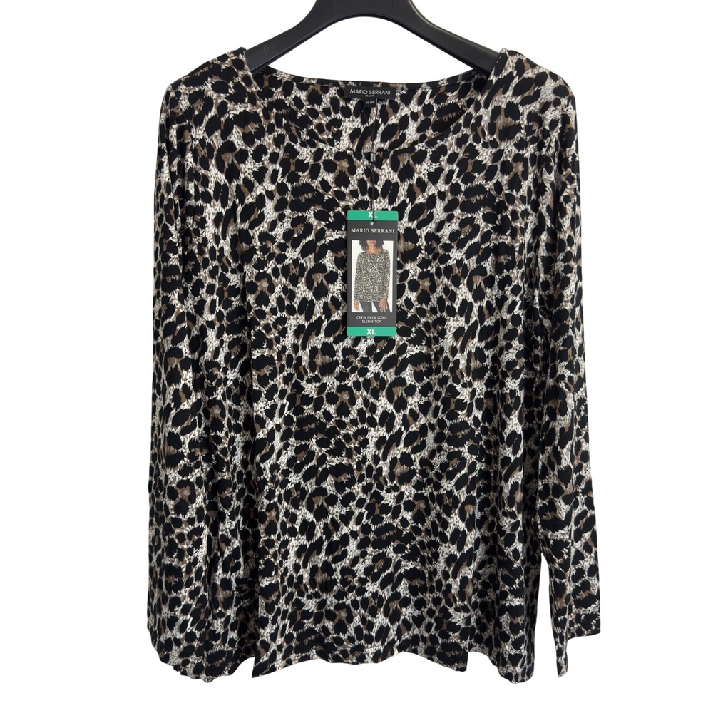 Mario Serrani Italy Womens XL Leopard Print Crew Neck Long Sleeve Top Brown